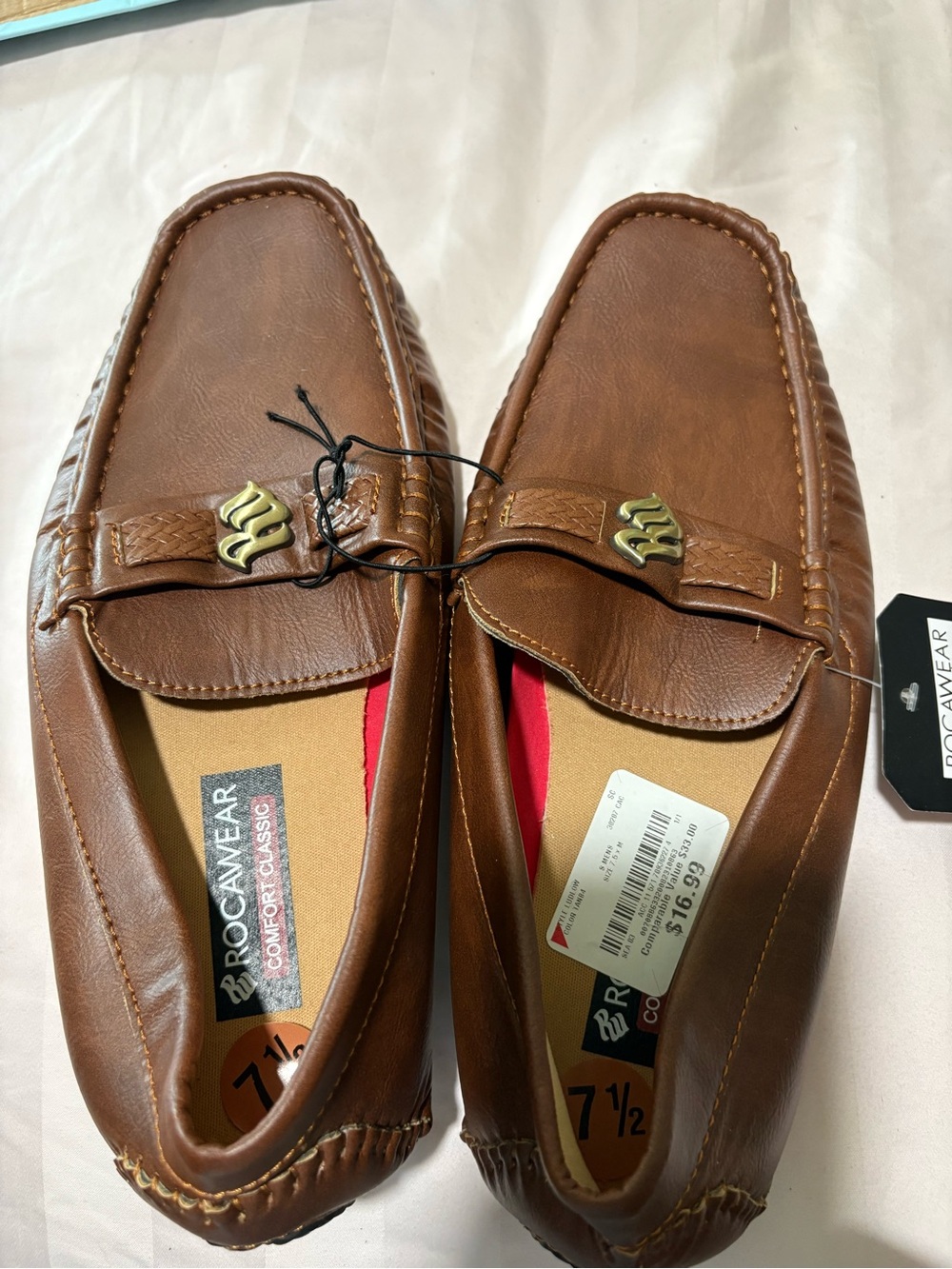 Rocawear Men's Brown Leather Moc Toe Slip-Ons with Gold Accent